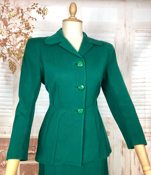 Amazing Original 1940s Vintage Emerald Green Gabardine Skirt Suit