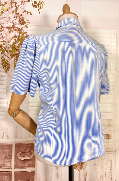 1940s Volup Blue & White Striped Blouse – Gathered Shoulders & Cross-Cut Patch Pocket