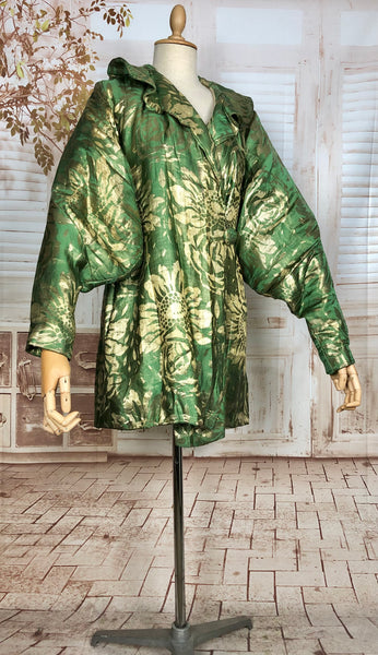 LAYAWAY PAYMENT 6 OF 6 - RESERVED FOR GILDA - Incredible Original 1920s Vintage Green And Gold Lamé Flapper Coat With Amazing Gigot Sleeves