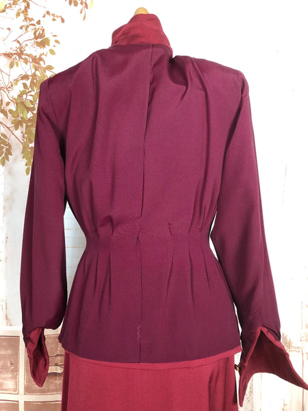 Exceptional 1940s Burgundy Red Gabardine Belted Skirt Suit By Gilbert Original