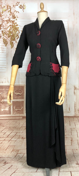 Amazing 1930s Long Line Skirt Suit With Fuchsia Pink Beaded Accents