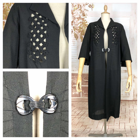 Elegant 1940s Volup Black Crepe Lightweight Coat With Lattice Detailing And Statement Buckle