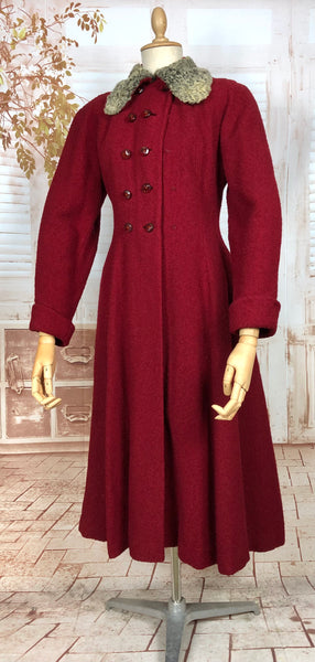 Incredible Original 1940s Red Princess Coat With Astrakhan Collar