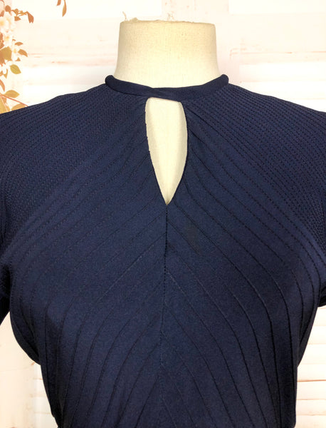 Amazing Original 1940s Vintage Navy Blue Peplum Dress With Incredible Pin Tuck Details