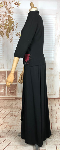 Amazing 1930s Long Line Skirt Suit With Fuchsia Pink Beaded Accents
