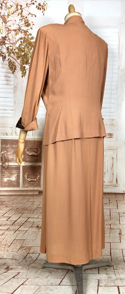 Incredible Original 1940s Volup Dress Suit In Tan With Chocolate Brown Accents