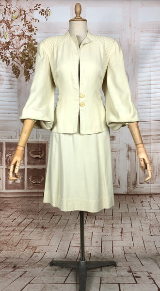 Incredible Original 1940s Vintage Off White Cream Skirt Suit With Quilted Shoulders And Huge Bishop Sleeves