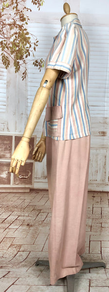 Super Rare Original Late 1930s / Early 1940s Volup Vintage Pink Candy Striped Denim Pant Suit By Edwin Blu Surf