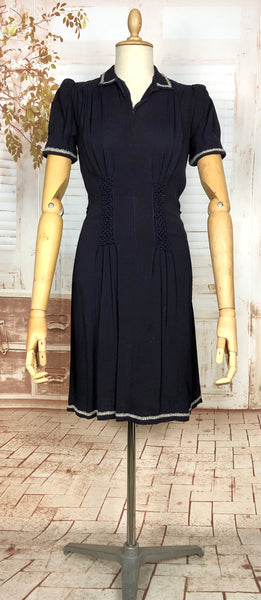 Fabulous Navy 1930s Dress With Puff Sleeves And Rouleau Trim