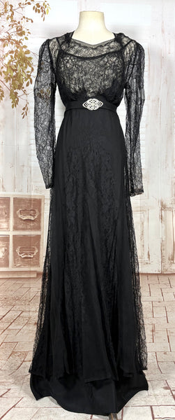 1930s Black Lace Evening Gown with Statement Buckle Detail - Femme Fatale