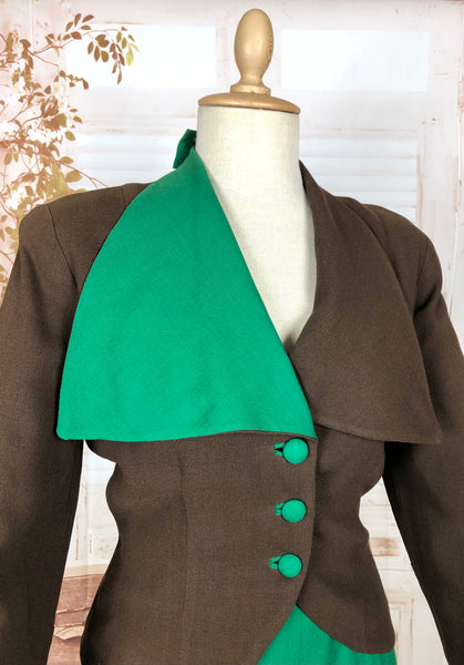 Stunning Original 1940s Vintage Green And Brown Colour Block Suit