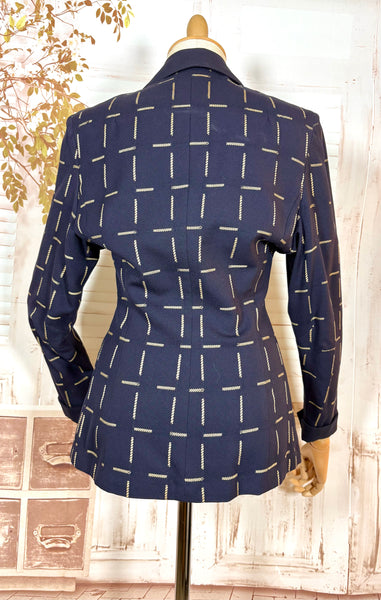 1940s Navy Wool Tailored Jacket – Woven Cream Rope Pattern, Shawl Collar