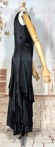 Exquisite Black Late 1920s / Early 1930s Silk Satin Evening Dress With Ruffle Details
