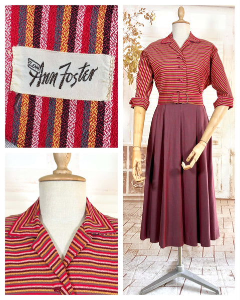Pink and Purple Striped 1940s Day Dress By Ann Foster