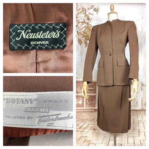 Iconic Original 1940s Vintage Joan Crawford Strong Shoulders Brown Gabardine Skirt Suit