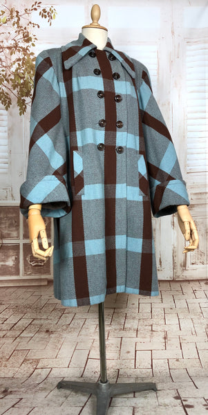 Superb Original 1940s Vintage Brown And Aqua Turquoise Plaid Coat