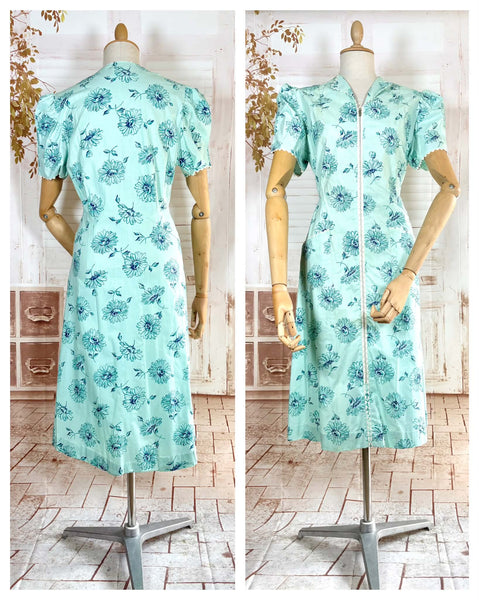 Late 1930s Early 1940s Volup Aqua Zip Front Day Dress