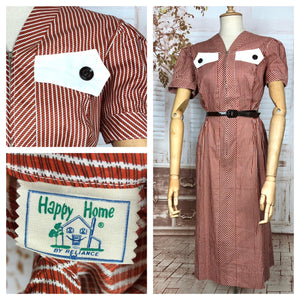 Amazing Original 1940s Volup Vintage Red And White Striped Day Dress By Happy Home Deadstock