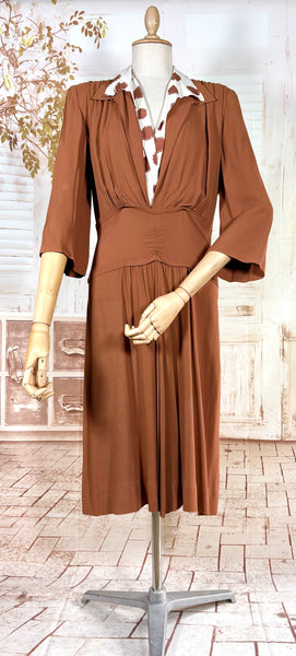 1940s Tan Crepe Day Dress With Printed Shirt Insert