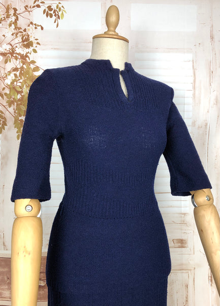 Cozy 1940s Royal Blue Knit Set with Geometric Detailing