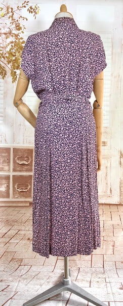 1940s Pink And Navy Blue Abstract Print Rayon Day Dress