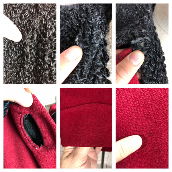 1940s Red Wool Swing Coat by Worth of Boston with Astrakhan Lining