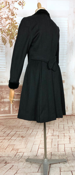 Fabulous Late 1940s Black Double Breasted Princess Coat With Belt Back