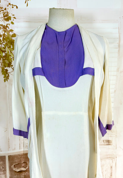 Rare White And Purple Colour Block 1930s Dress And Jacket Set
