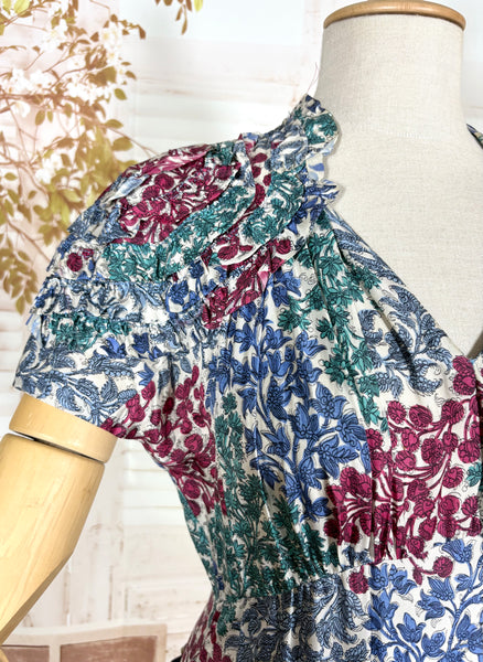 Late 1930s / Early 1940s Tiered Floral Day Dress with Velvet Trim