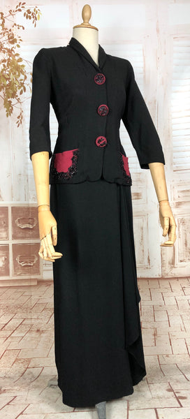 Amazing 1930s Long Line Skirt Suit With Fuchsia Pink Beaded Accents