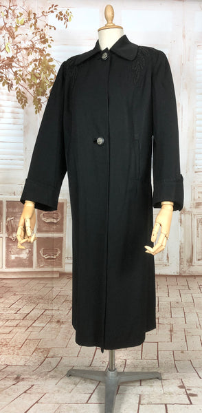 Elegant Original 1940s Vintage Black Swing Coat With Soutache Shoulders And Statement Buttons