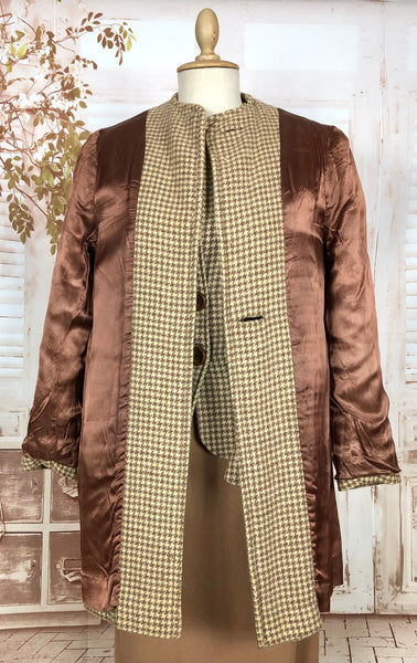 Unbelievable Original 1940s Vintage Brown Houndstooth Three Piece Suit And Coat Set