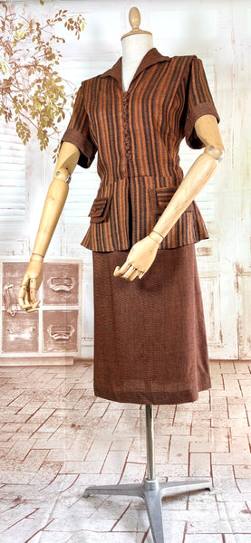 Lightweight Wool 1940s Rust Brown Striped Volup Suit