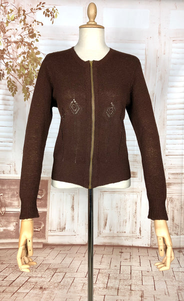 Wonderful Original 1930s Volup Vintage Chocolate Brown Lace Knit Cardigan