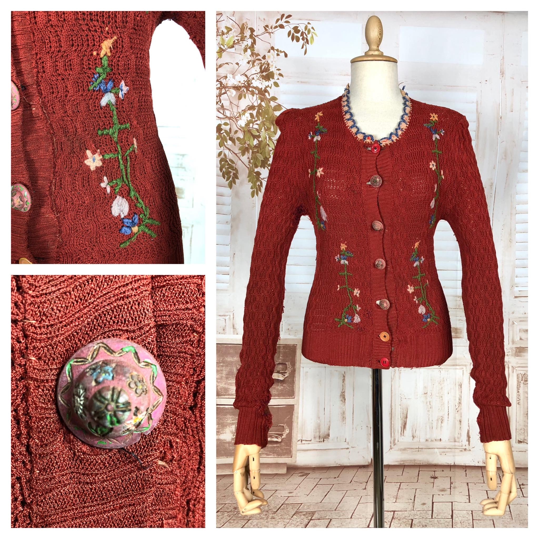 Amazing Original 1930s Vintage Rust Red Folk Embroidered Knit Cardigan