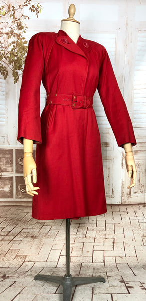 Exceptional Original 1940s Lipstick Red Coat By Gleneagles With Gold Studded Belt