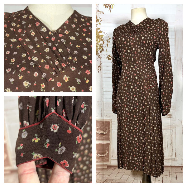 1930s Chocolate Brown Floral Crepe Dress with Pointed Cuffs