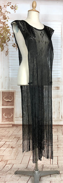 Incredible Original 1920s Antique Black Crochet Knit Lace Fringed Flapper Tabard Dress