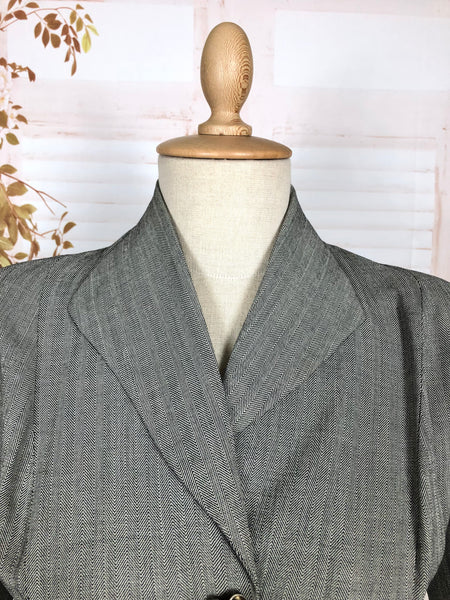 Stunning Grey 1940s Vintage Herringbone Skirt Suit With Statement Pockets By Cay Artley