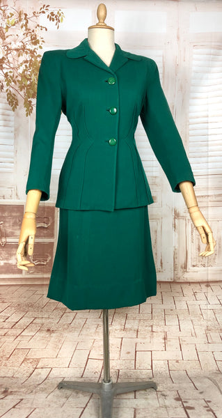 Amazing Original 1940s Vintage Emerald Green Gabardine Skirt Suit