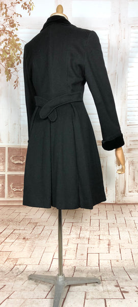 Fabulous Late 1940s Black Double Breasted Princess Coat With Belt Back