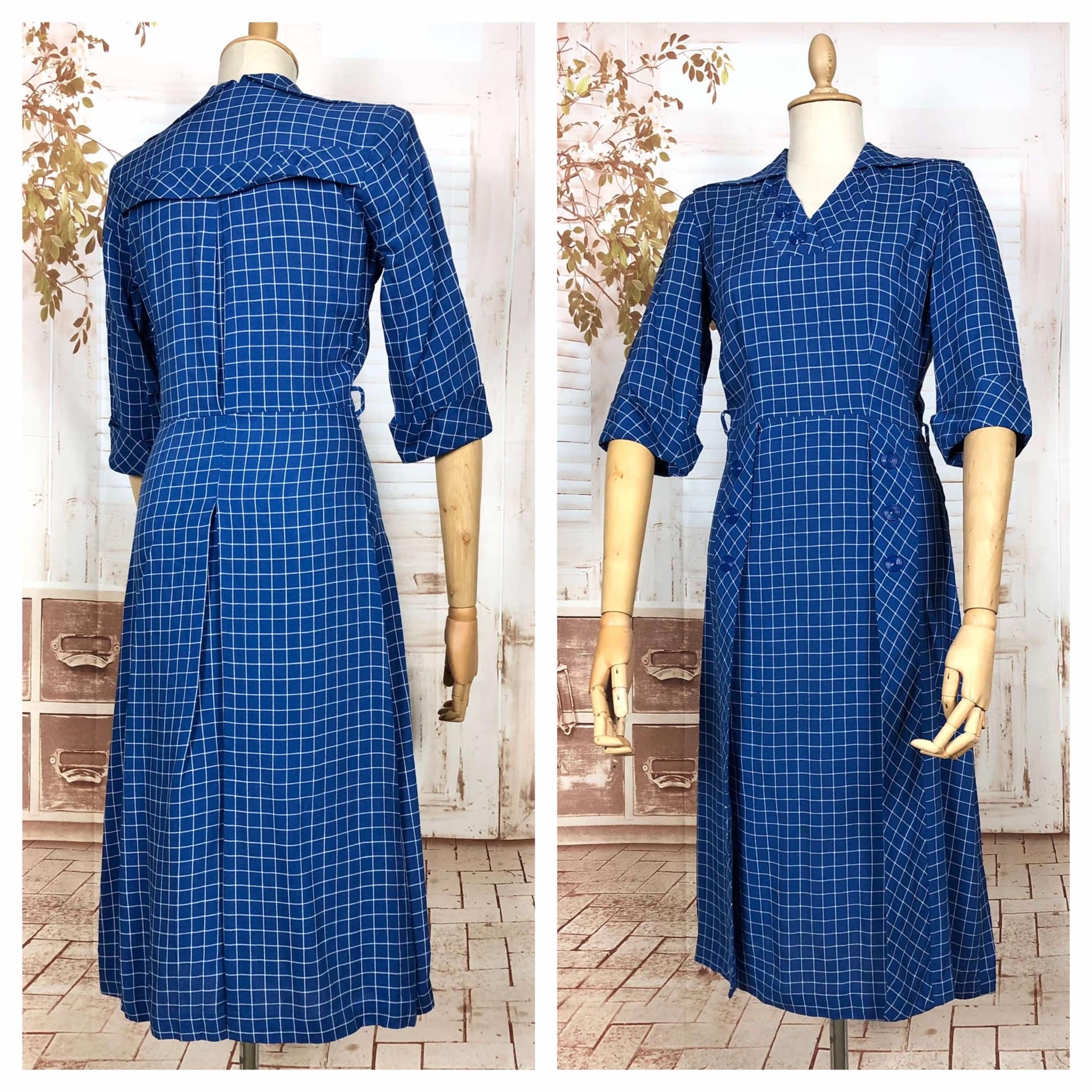 Fabulous Royal Blue Plaid 1940s Vintage Day Dress Black Sheep Antiques