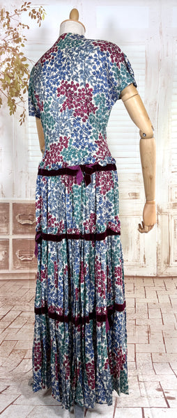Late 1930s / Early 1940s Tiered Floral Day Dress with Velvet Trim