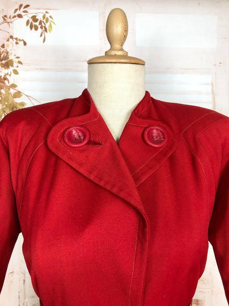 Exceptional Original 1940s Lipstick Red Coat By Gleneagles With Gold Studded Belt