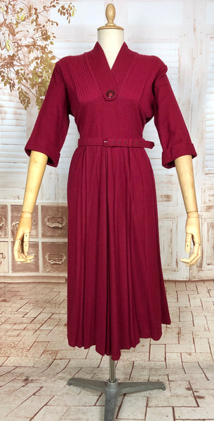 Beautiful Belted Red Late 1940s / Early 1950s Volup Dress With Pin Tuck Details