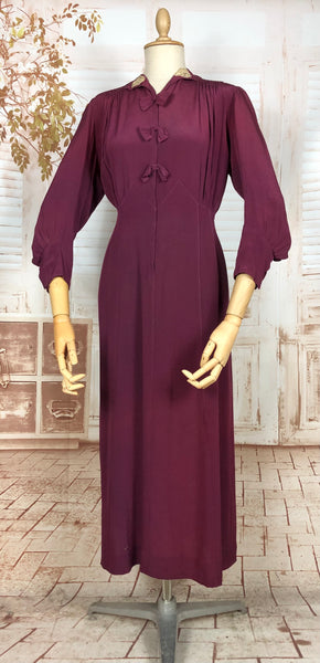 Rare Volup 1930s Burgundy Rayon Dress With Lace Accents And Bishop Sleeves