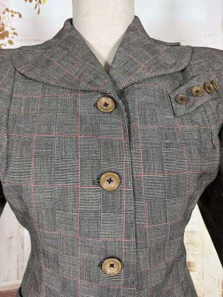 1940s Grey Checked Skirt Suit with Pink Overcheck & Button Detail