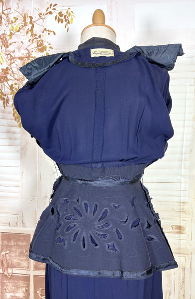 Exceptional 1940s Navy Blue Summer Suit With Pierced Peplum