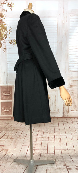 Fabulous Late 1940s Black Double Breasted Princess Coat With Belt Back