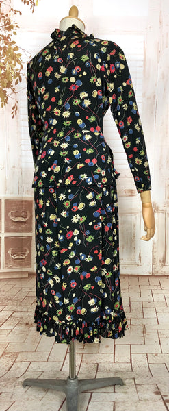 1930s Floral Rayon Crepe Skirt Suit with Ruffled Details